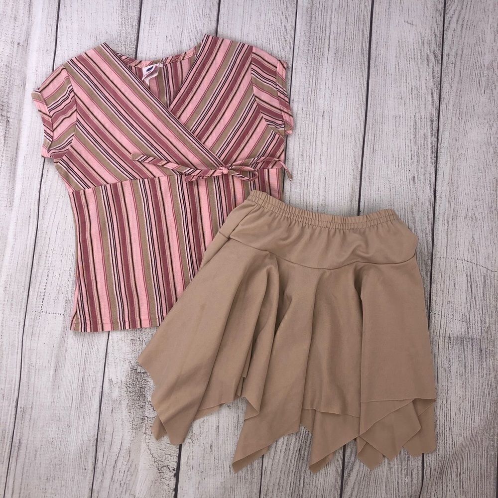 Cylinder Girls v-neck stripe top & angle cut skirt set pink & tan sz 7 girls